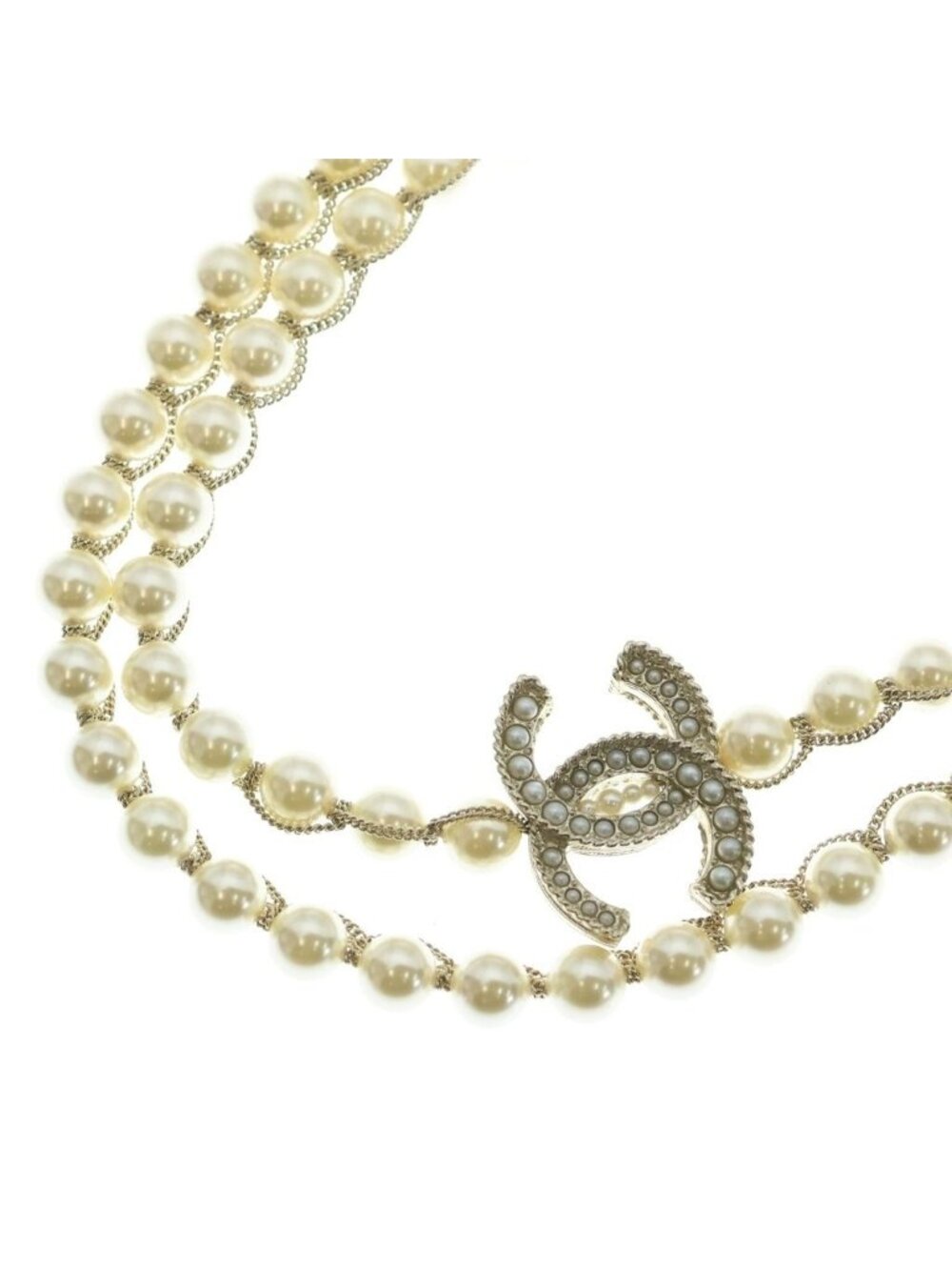 Chanel CC Logo Double Strand Faux Pearl Long Necklace Gold